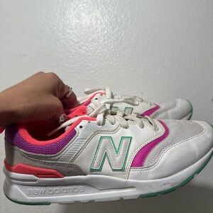 New Balance White Sneakers with Pink and Green Accents